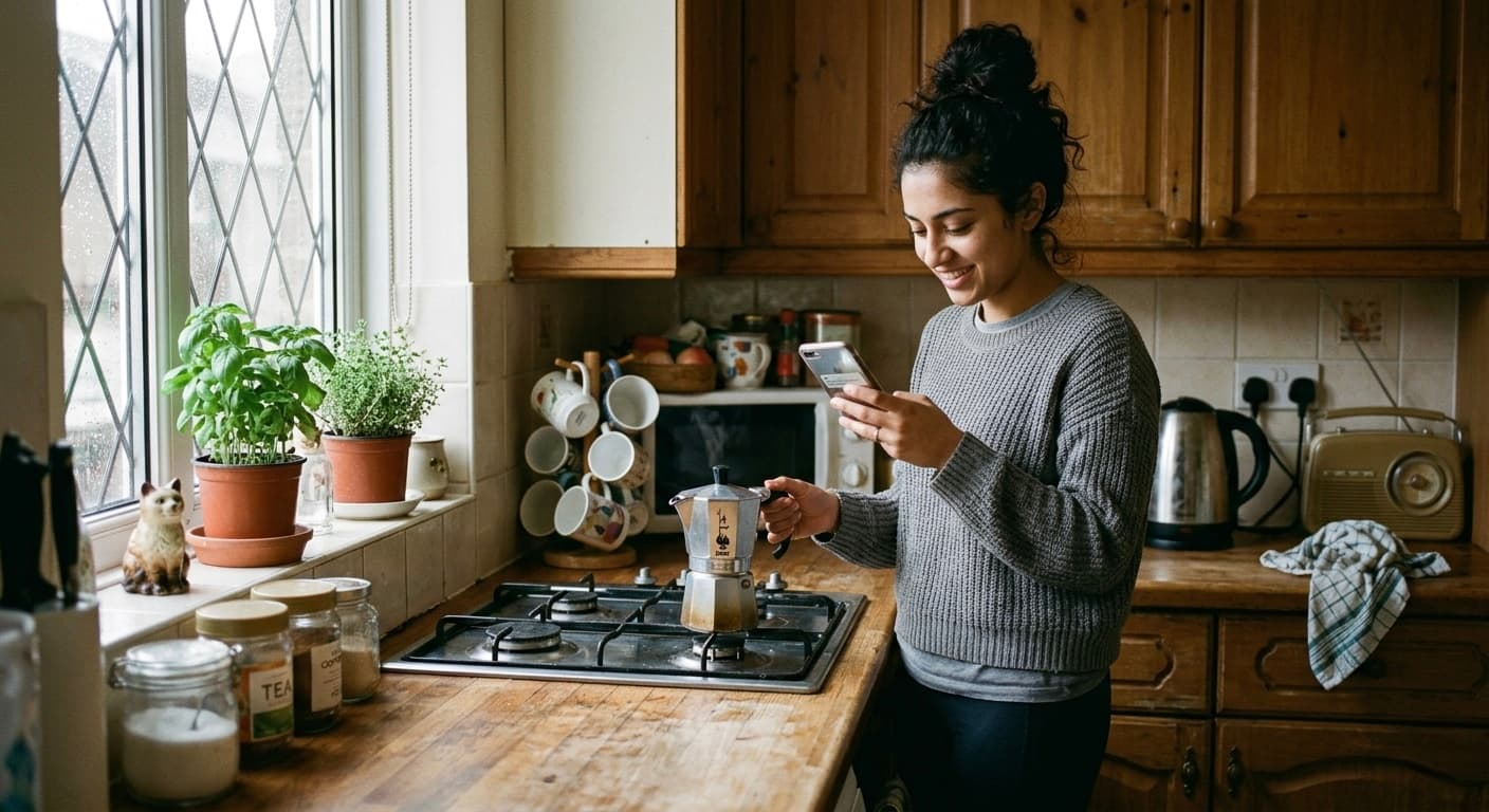 Young woman making coffee at home, checking her phone
