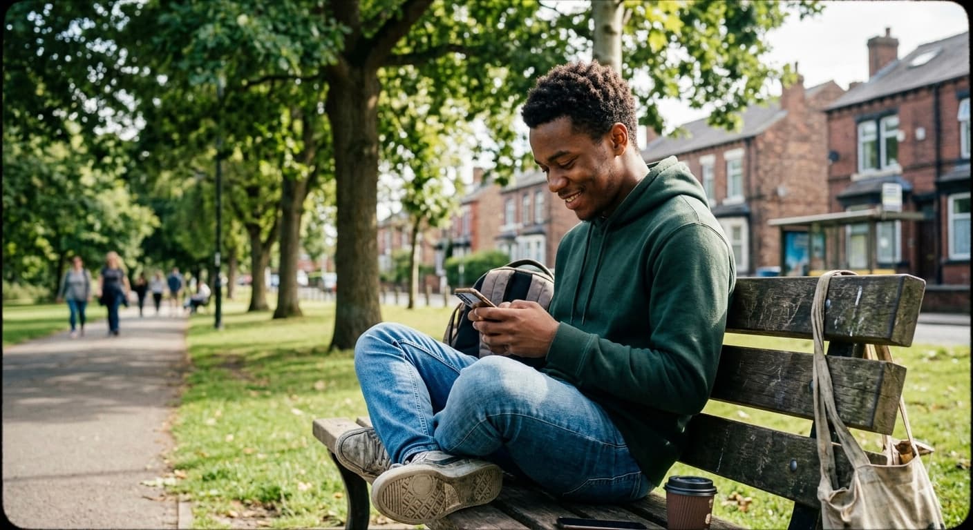 Young man in a Northern UK park checking his phone
