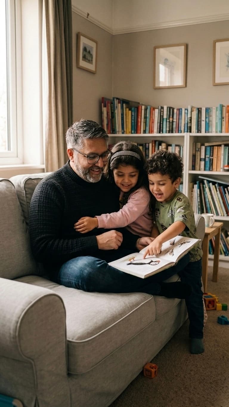 A father reading with his two young children at home
